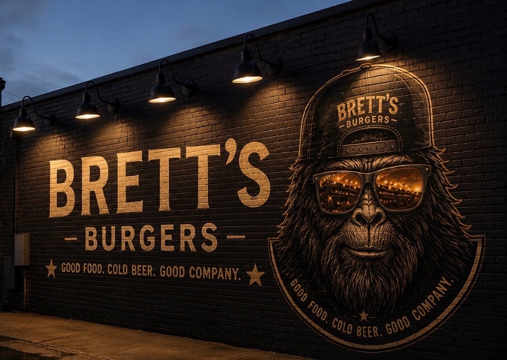 Back-wall mural inside Brett’s Burgers