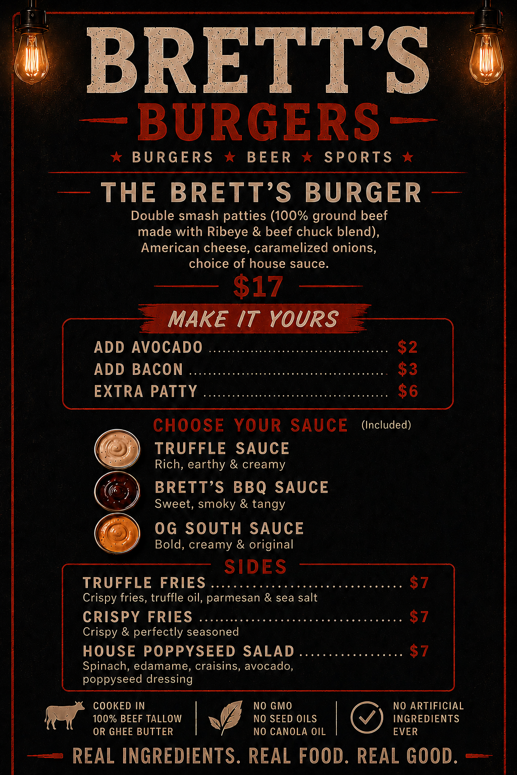 Brett’s Burgers printed menu